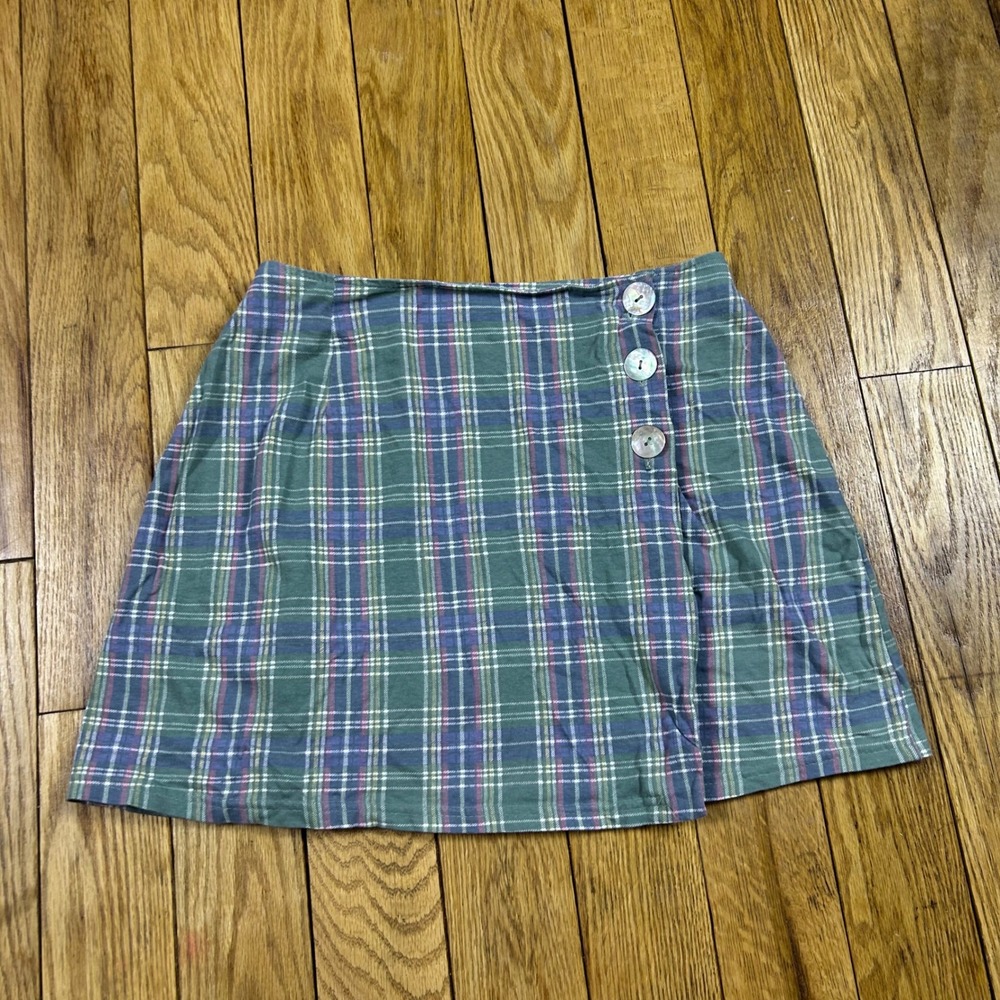 Vintage‎ Sash Plaid Button Wrap Mini Skirt Green Blue Pink Size L